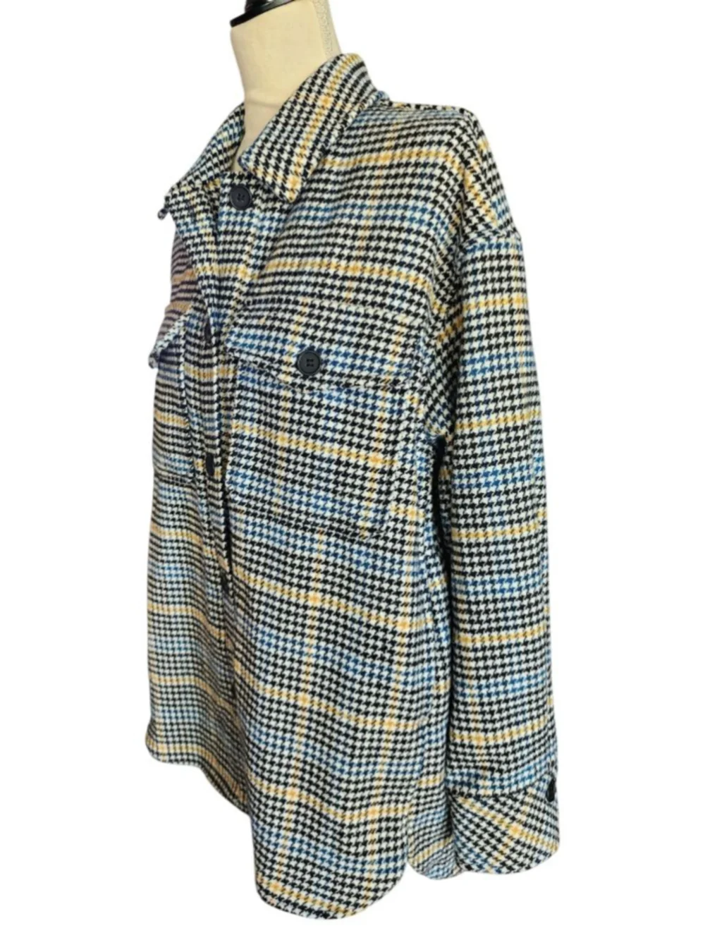 Melloday Women's M Houndstooth Shacket Jacket Blue Black Yellow Plaid Button Up